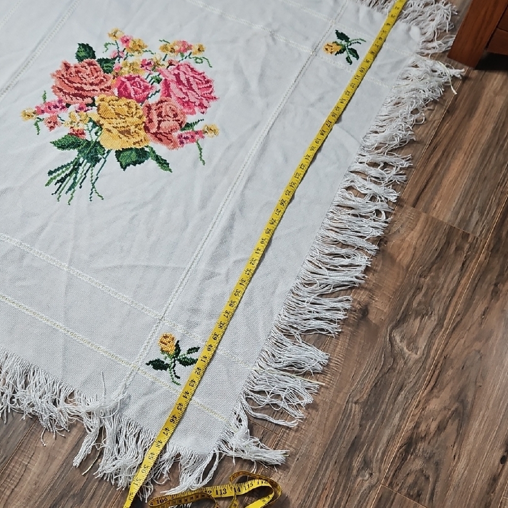 Vintage Handmade Cross-stitched Floral Table Runner Table Topper - Picture 3 of 8